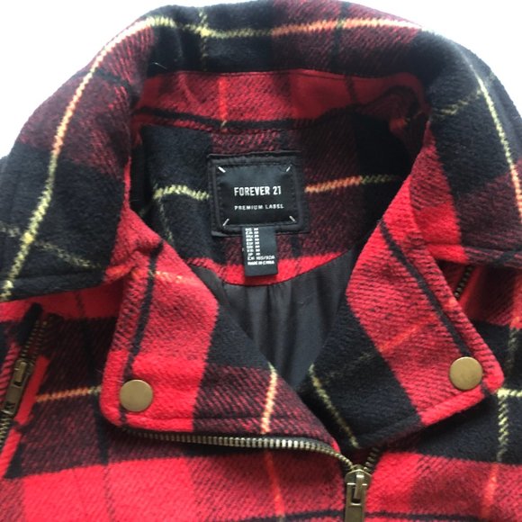 Forever 21 Premium Label Wool-Blend Buffalo Plaid Moto Zip-Up Jacket - Picture 6 of 8